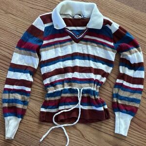 *vintage* 80's adele knitwear Soft Spun‎ Striped sweater With Drawstring Disco